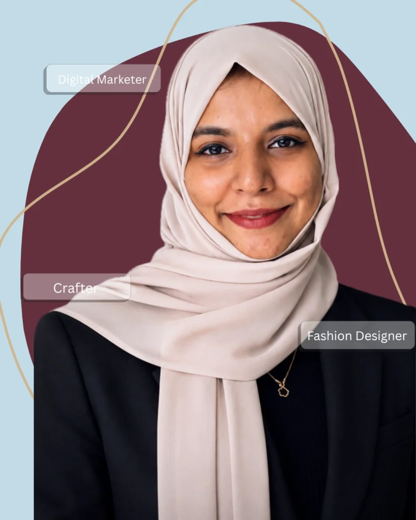 Nazrin Digital Marketing Expert in Ernakulam also skilled in fashion design and handcrafted gifting a professinal photo with maroon baground
